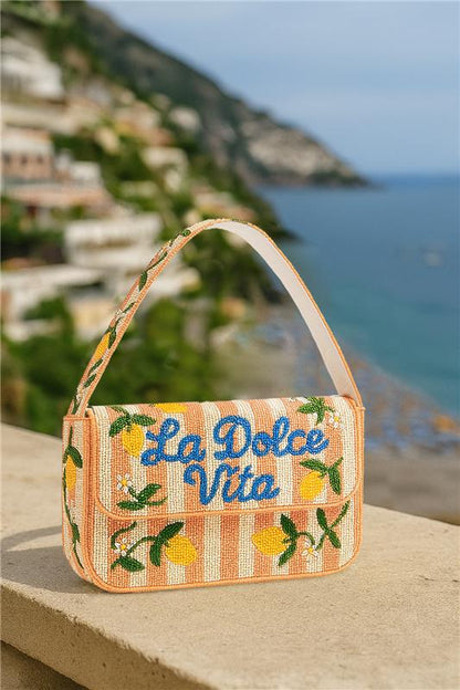 Orange "La Dolce Vita" Striped Lemon Beaded Purse
