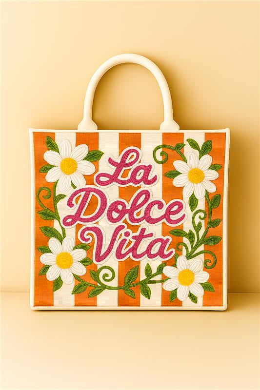La Dolce Vita Floral Stripes Beaded Tote
