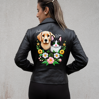 (Real Leather) Embroidered Pet Leather Jacket