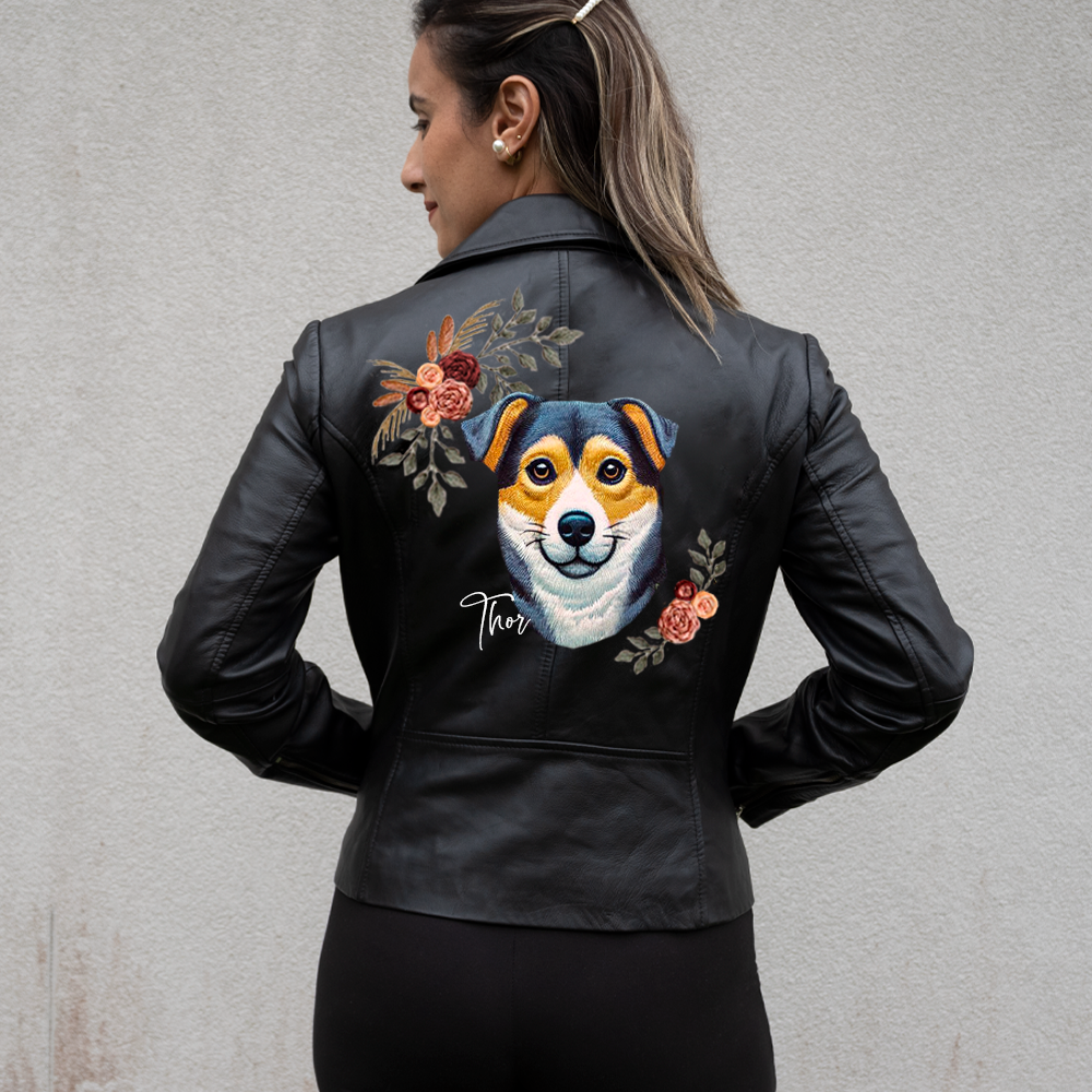 (Real Leather) Floral Pet Leather Jacket