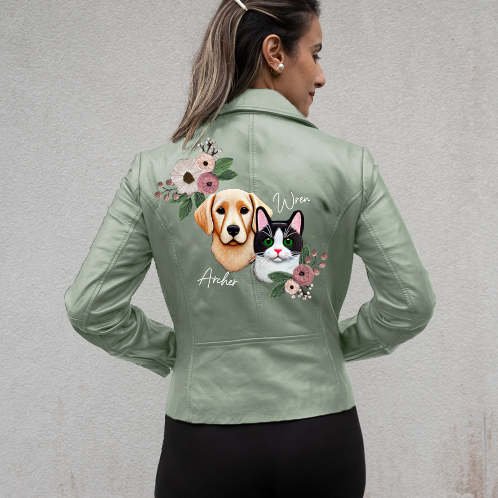 (Real Leather) Floral Pet Leather Jacket