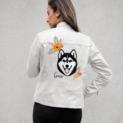 (Real Leather) Floral Pet Leather Jacket