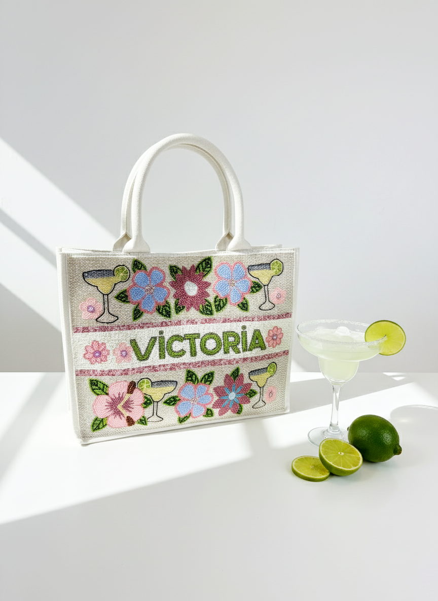 Custom Margarita Floral Beaded Tote Bag