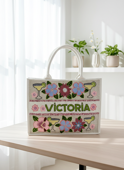 Custom Margarita Floral Beaded Tote Bag