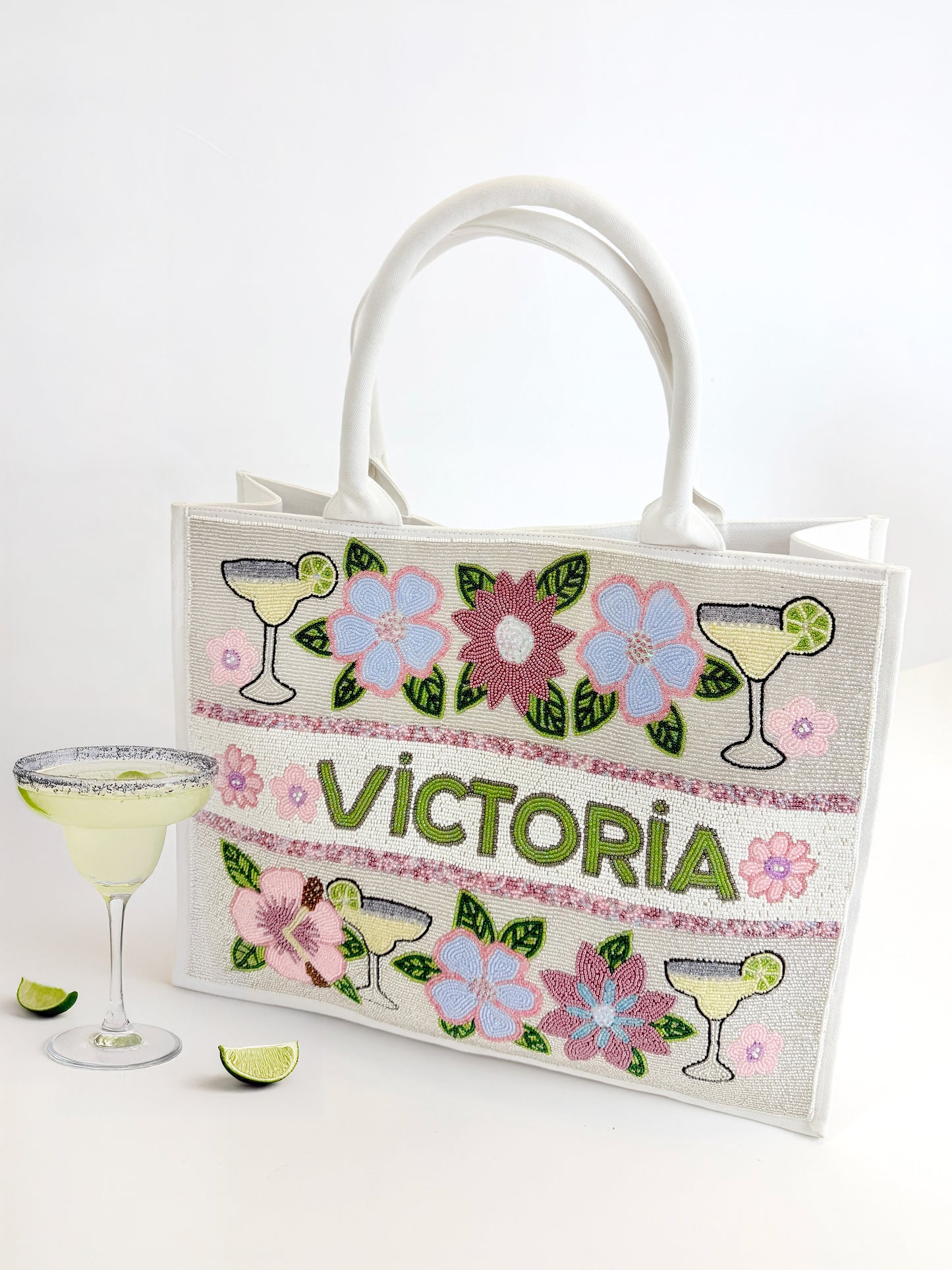 Custom Margarita Floral Beaded Tote Bag