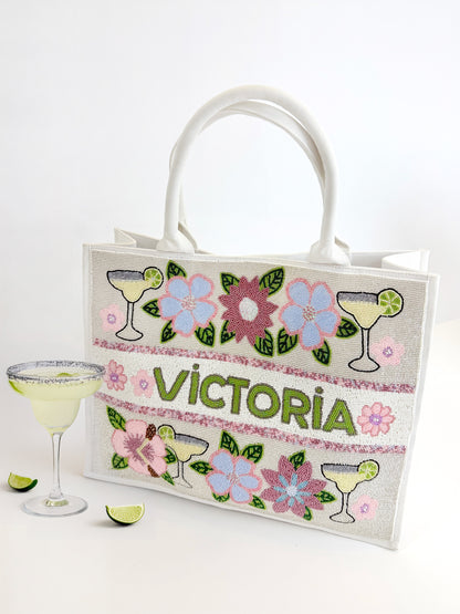Custom Margarita Floral Beaded Tote Bag