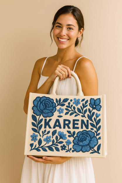 Beaded Floral Tote Bag