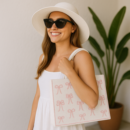 Pink Bows Beaded Tote Bag