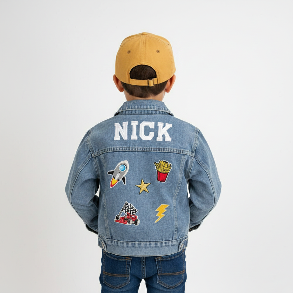 (Blue Denim) Custom Sports Denim Jacket with Patches