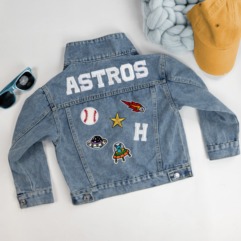 (Blue) Custom Sports Denim Jacket with Patches