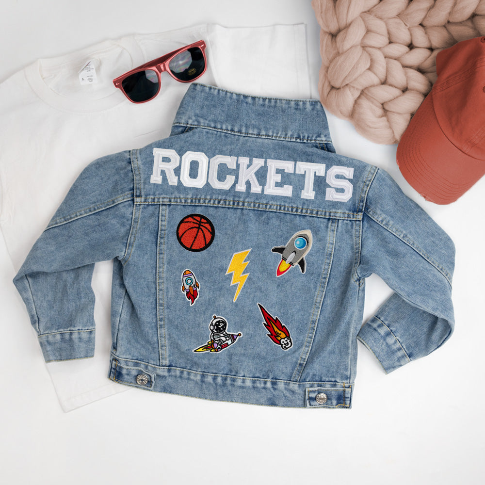 (Blue) Custom Sports Denim Jacket with Patches