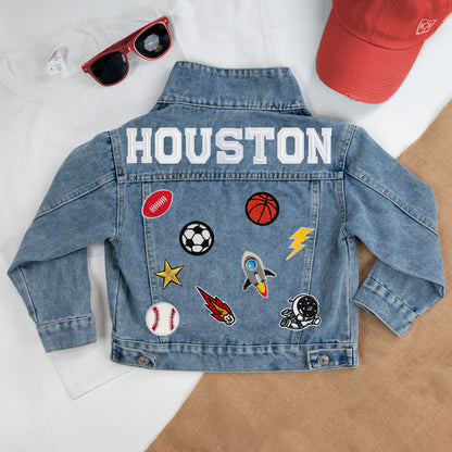 (Blue) Custom Sports Denim Jacket with Patches