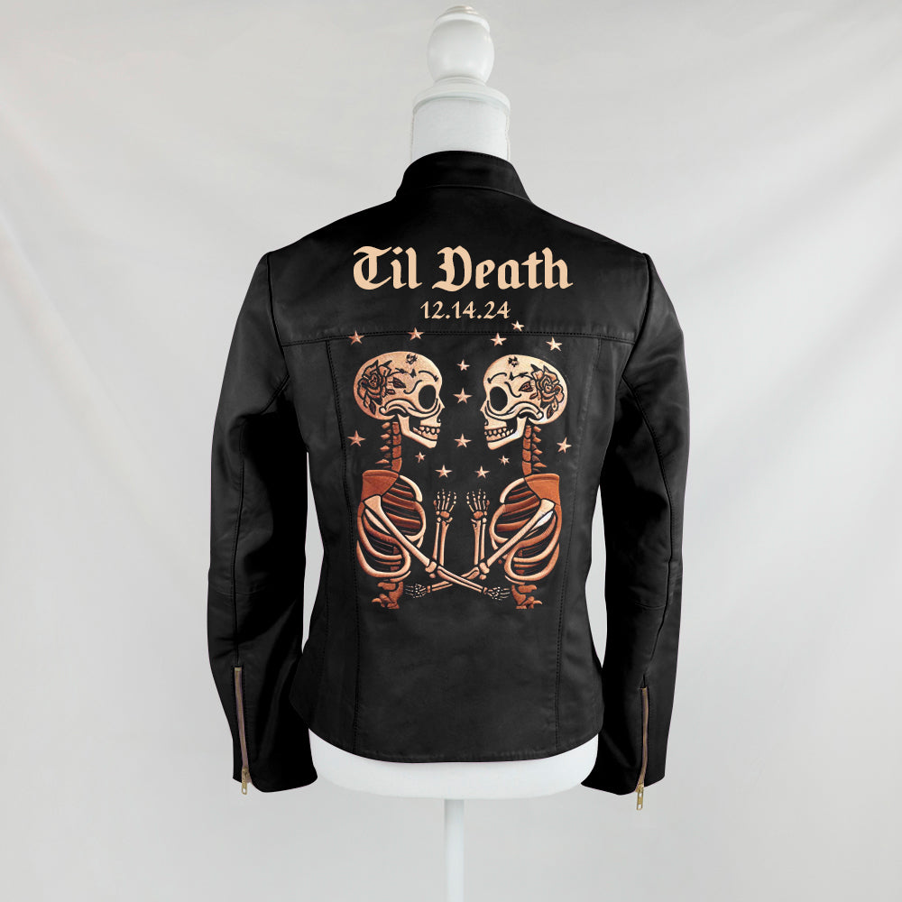 Skeleton Couple Embroidery Leather Jacket