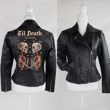 Skeleton Couple Embroidery Leather Jacket