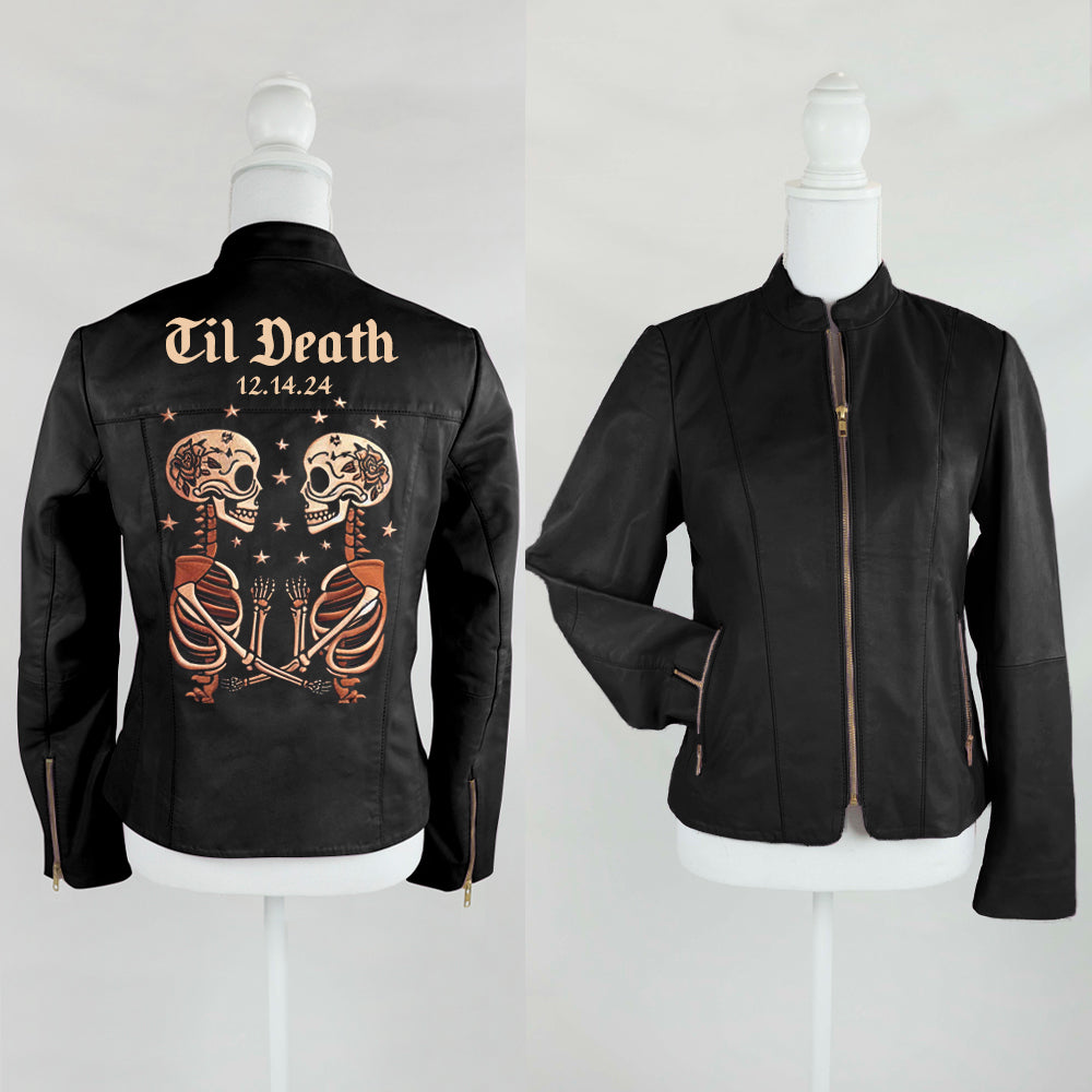 Skeleton Couple Embroidery Leather Jacket