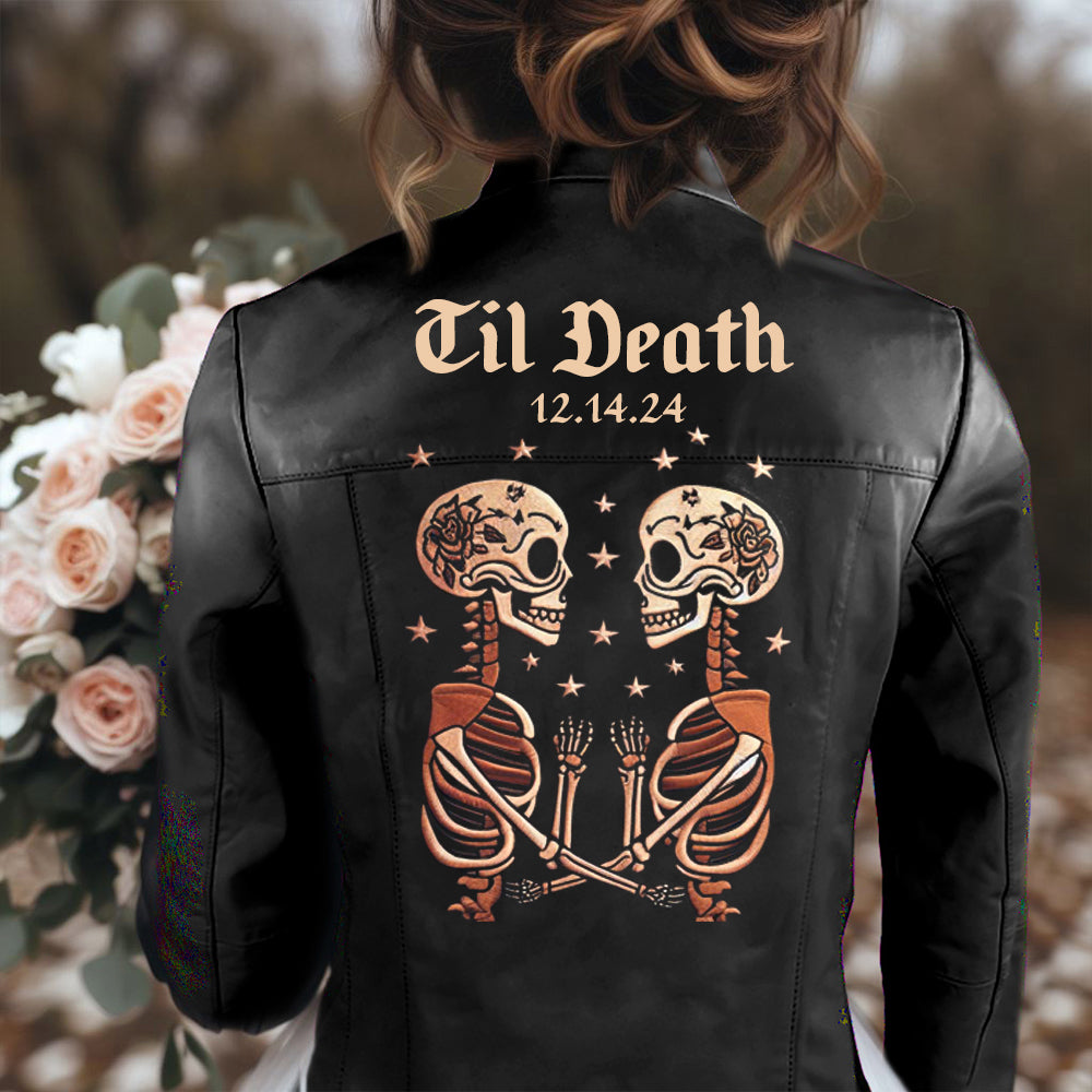 Skeleton Couple Embroidery Leather Jacket