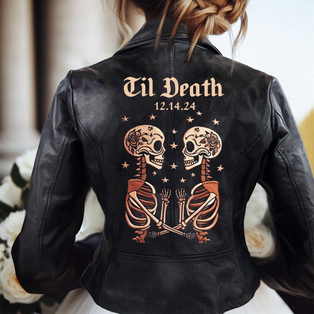 Skeleton Couple Embroidery Leather Jacket