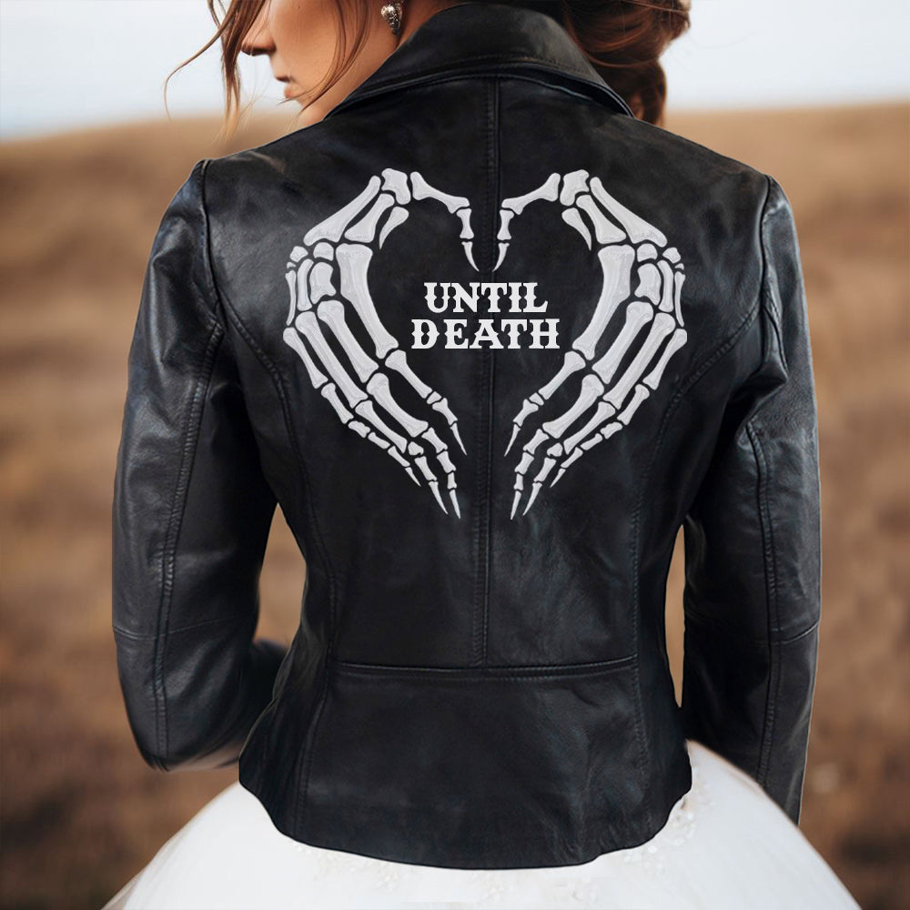 (Real Leather) Skeleton Hands Until Death Leather Jacket