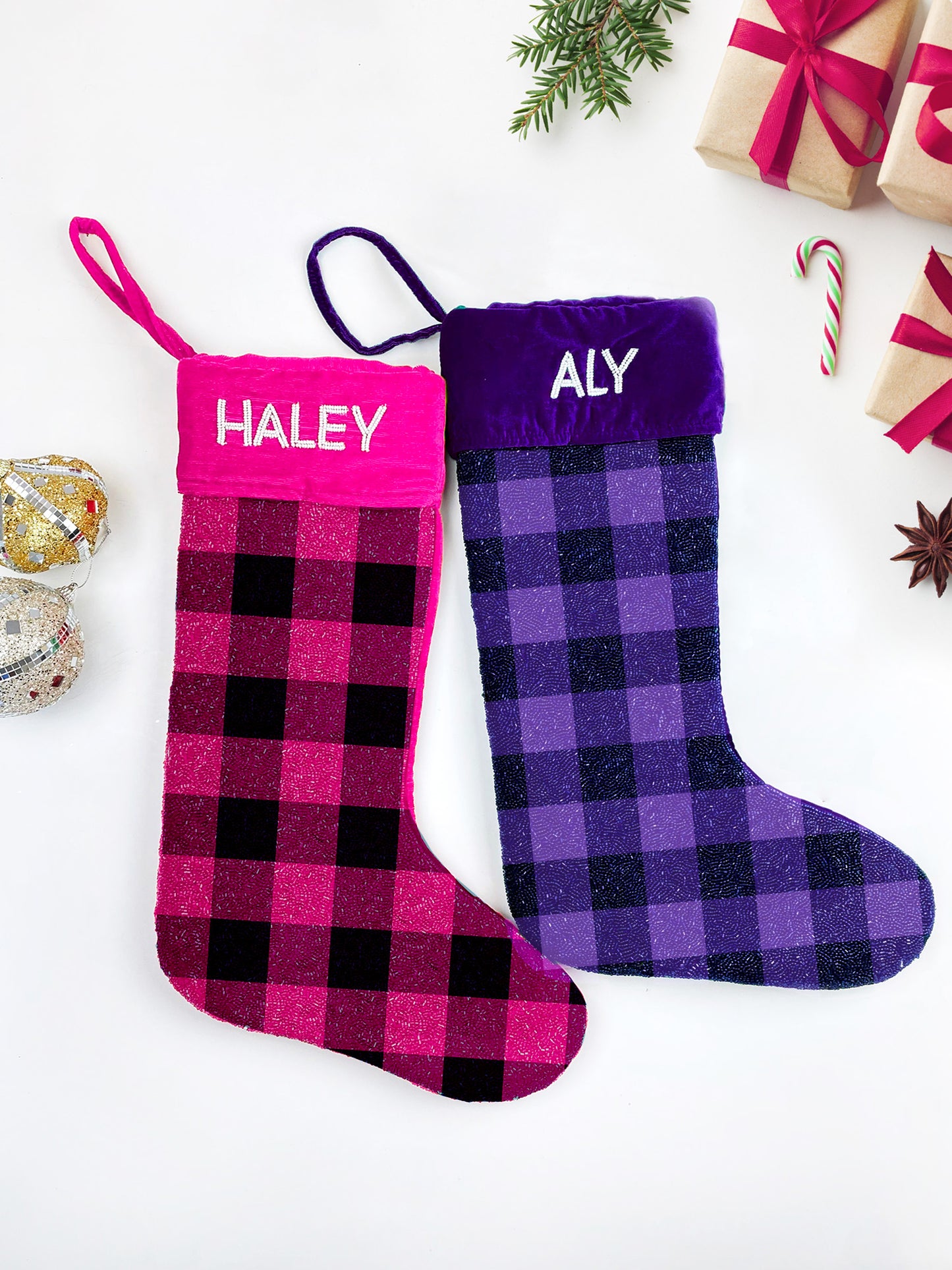 Checkered Beaded Christmas Stockings