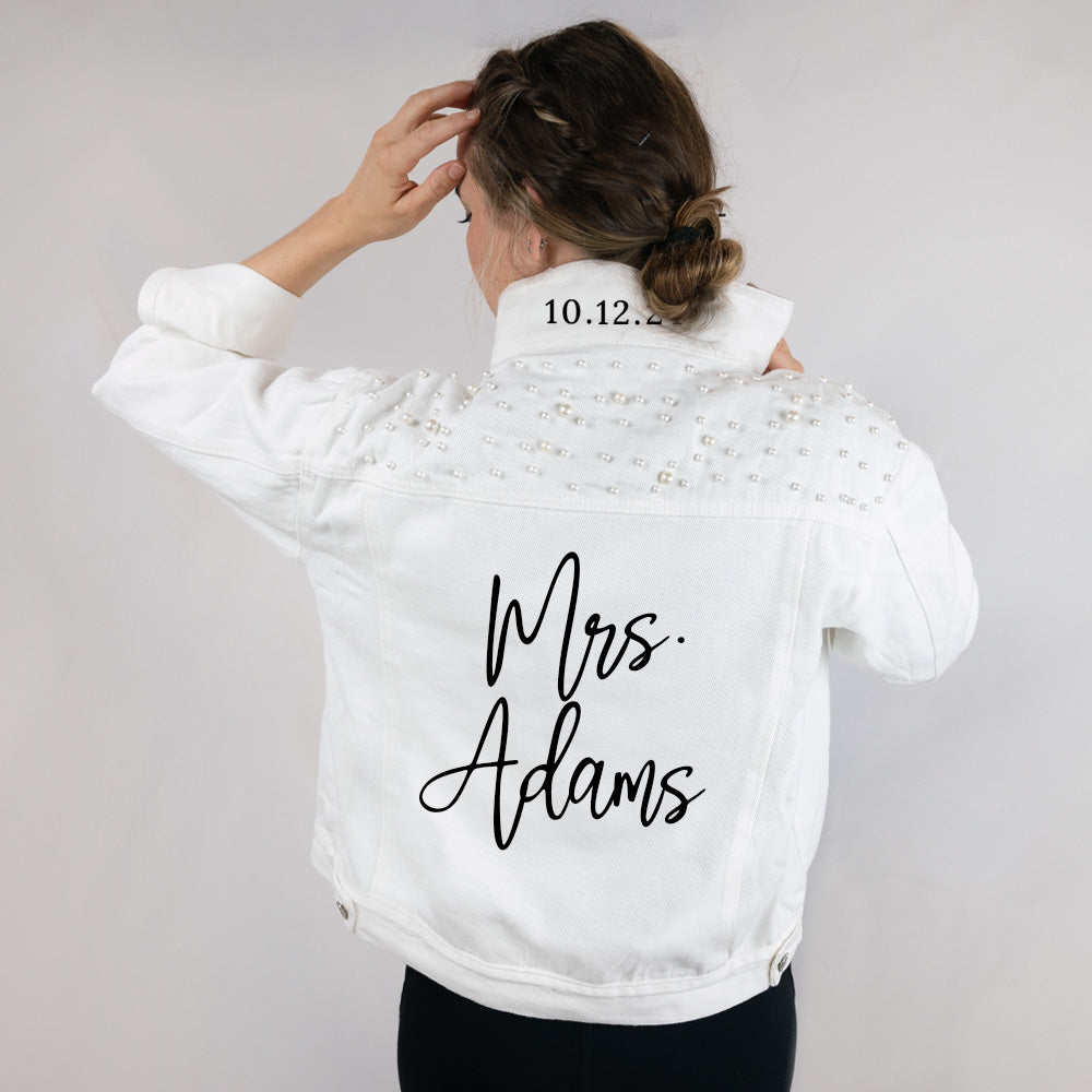 (White Pearl) Cursive Style Bridal White Pearl Denim Jacket