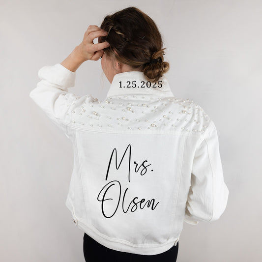 (White Pearl) Mrs White Denim Jacket with Pearls - Roman Style