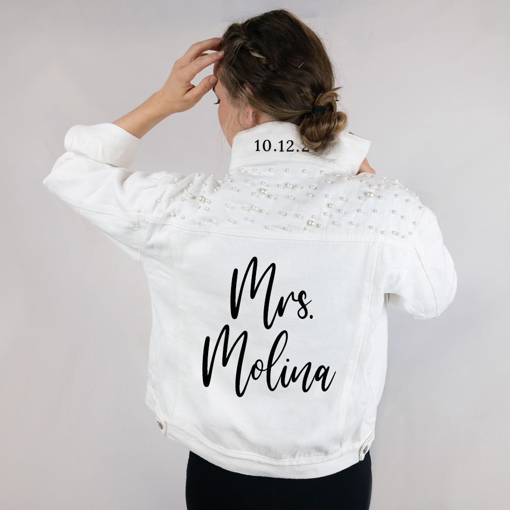 (White Pearl) Mrs Last Name White Pearl Jean Jacket (EST)