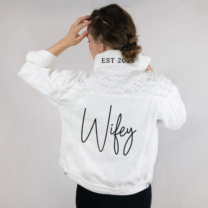 (White Pearl) Cursive Wifey White Pearl Denim Jacket