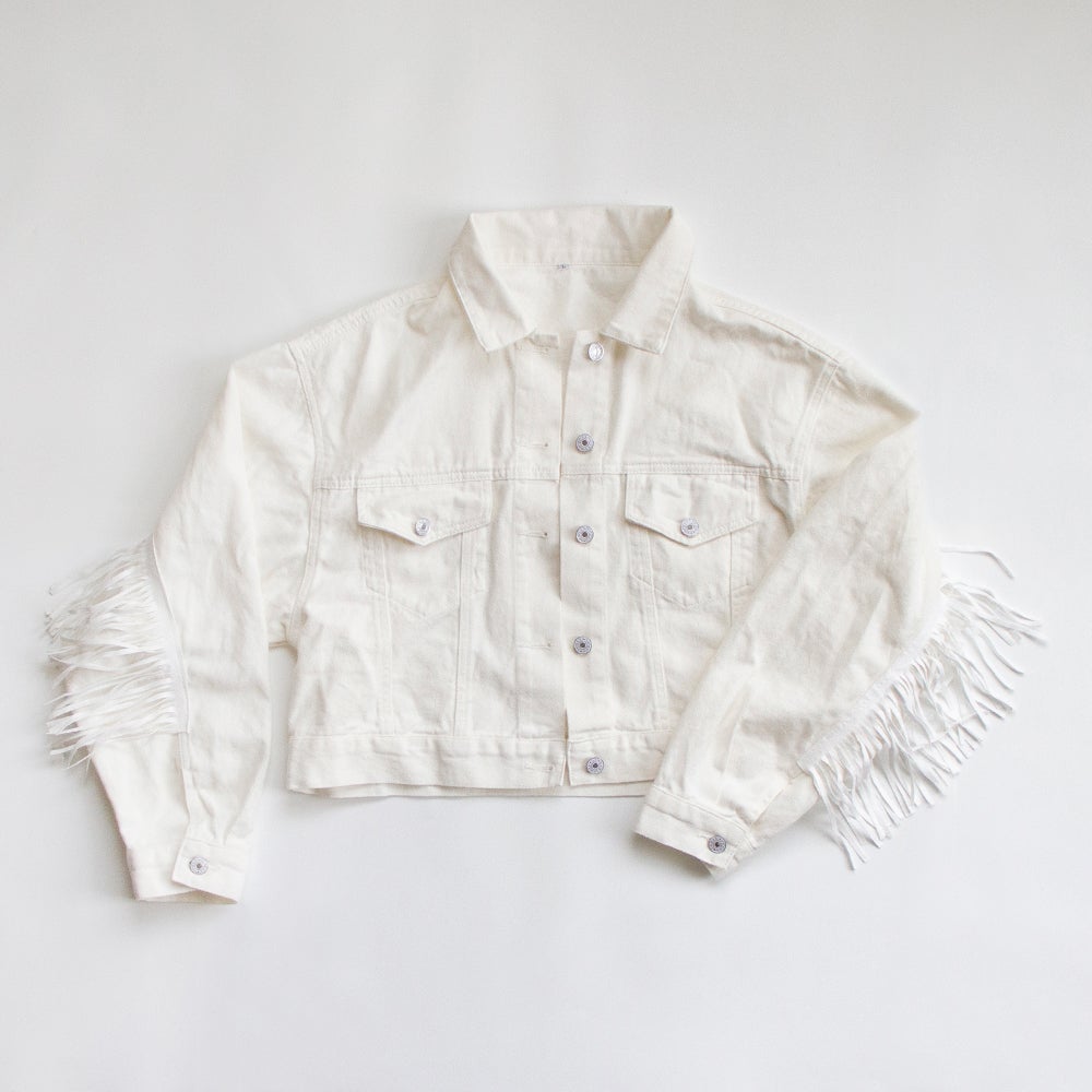 (White Fringe) Personalized Bridal White Fringe Denim Jacket