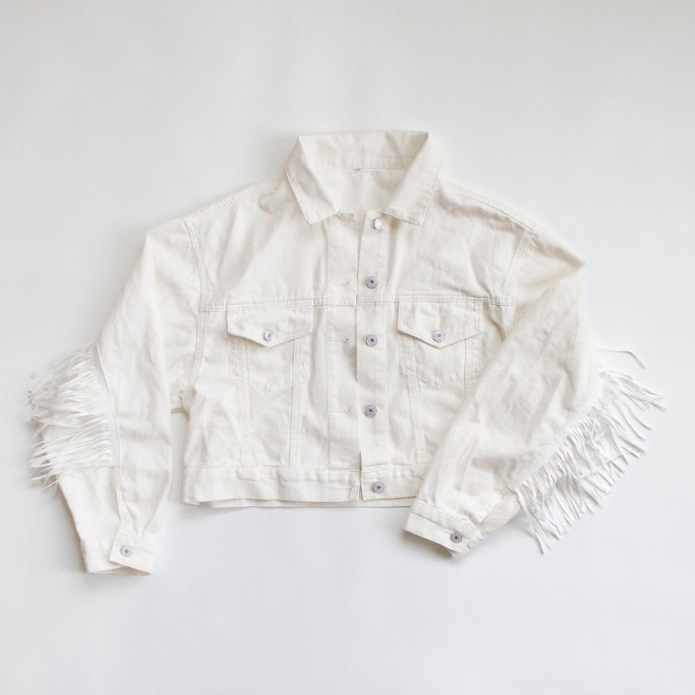 (White Fringe) Custom Patch White Fringe Denim Jacket