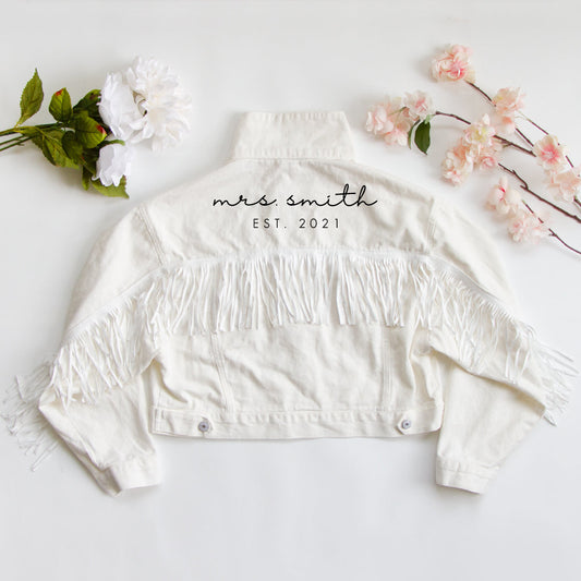 Customized Mrs Bridal Fringe Jean Jacket in White