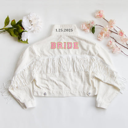 (White Fringe) Custom Patch White Fringe Denim Jacket