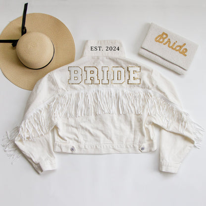 (White Fringe) Custom Patch White Fringe Denim Jacket