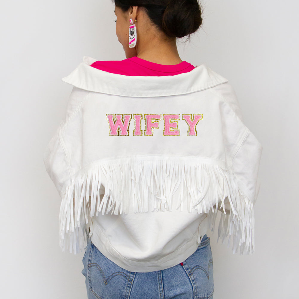 (White Fringe) Custom Patch White Fringe Denim Jacket