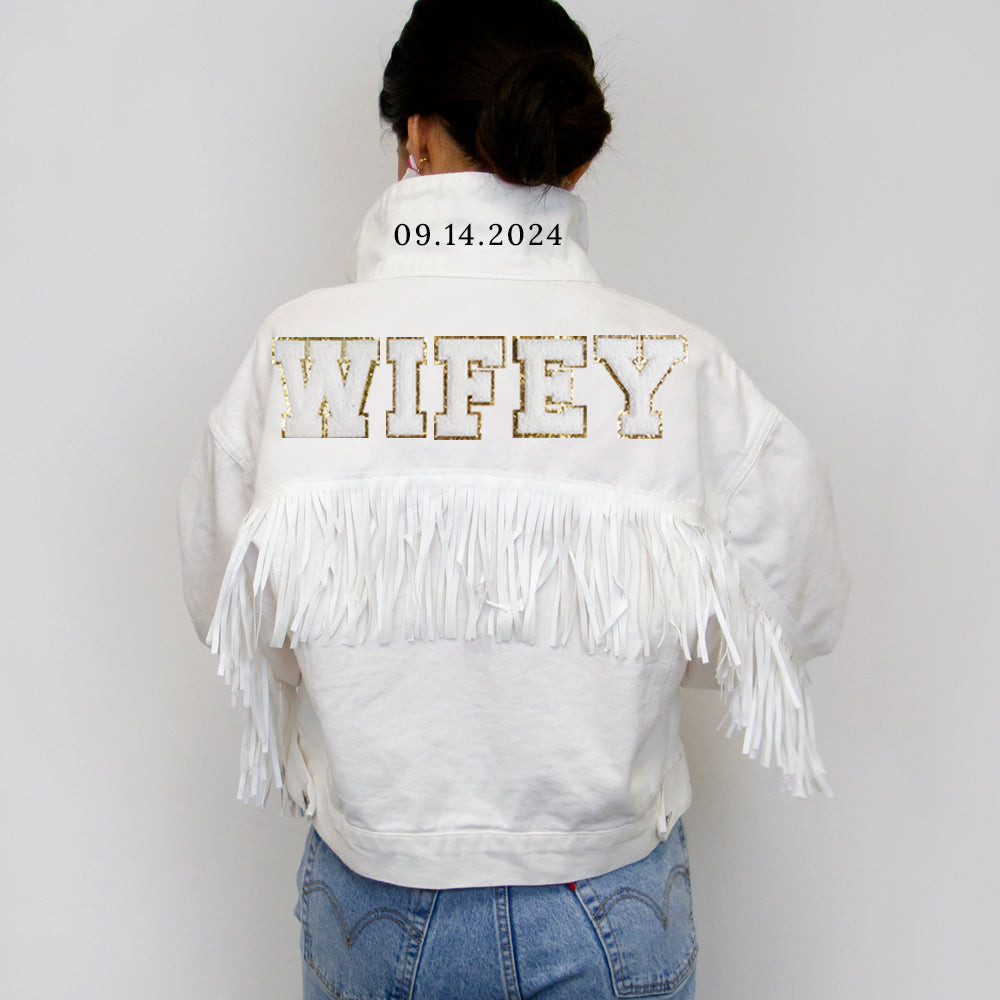 (White Fringe) Custom Patch White Fringe Denim Jacket