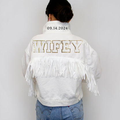 (White Fringe) Custom Patch White Fringe Denim Jacket