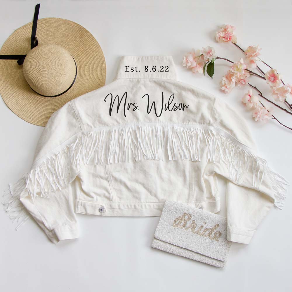 (White Fringe) Custom White Fringe Denim Jacket for the Bride