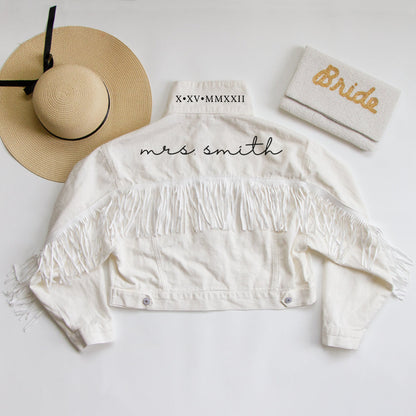 (White Fringe) Personalized Bridal White Fringe Denim Jacket