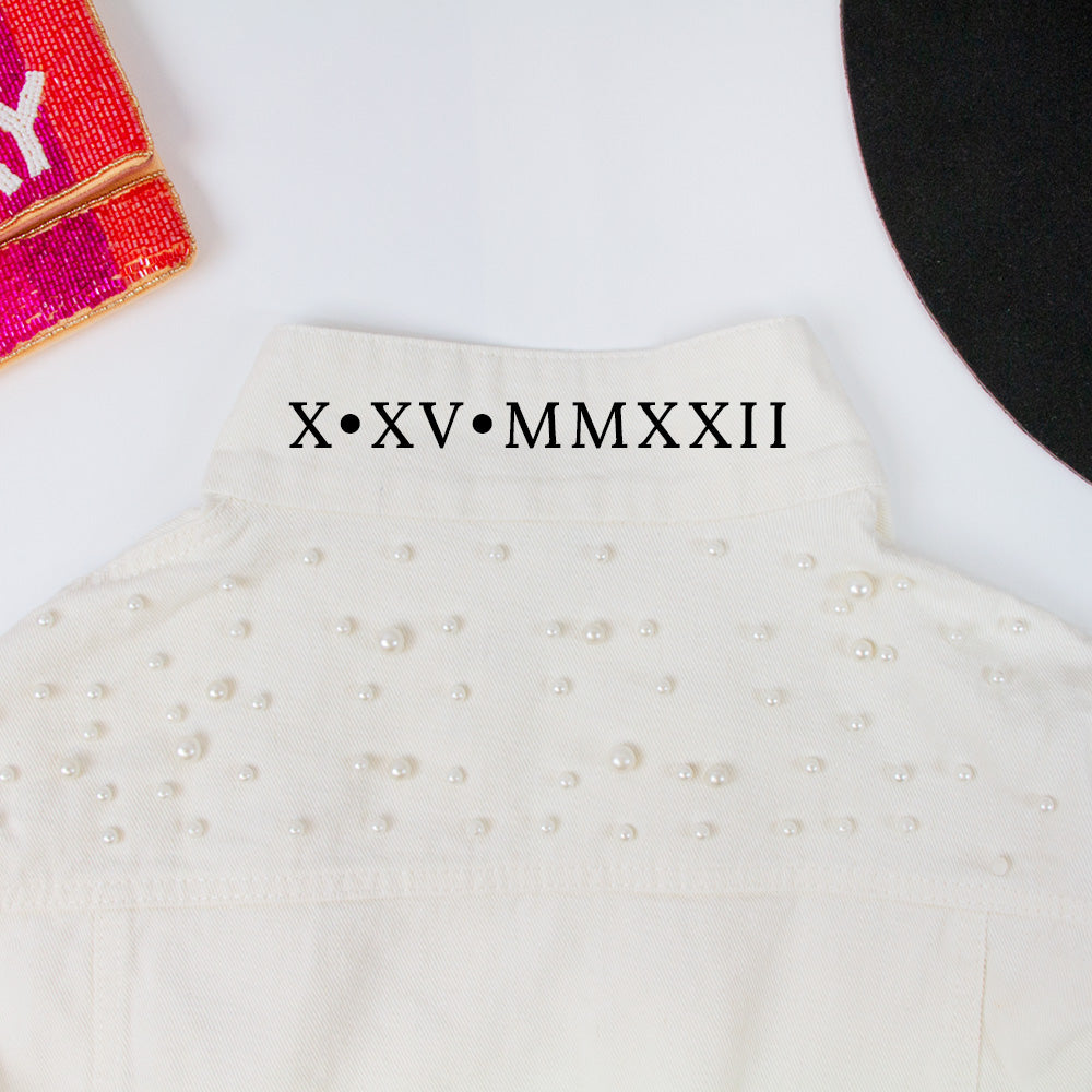 (White Pearl) Mrs White Denim Jacket with Pearls - Roman Style