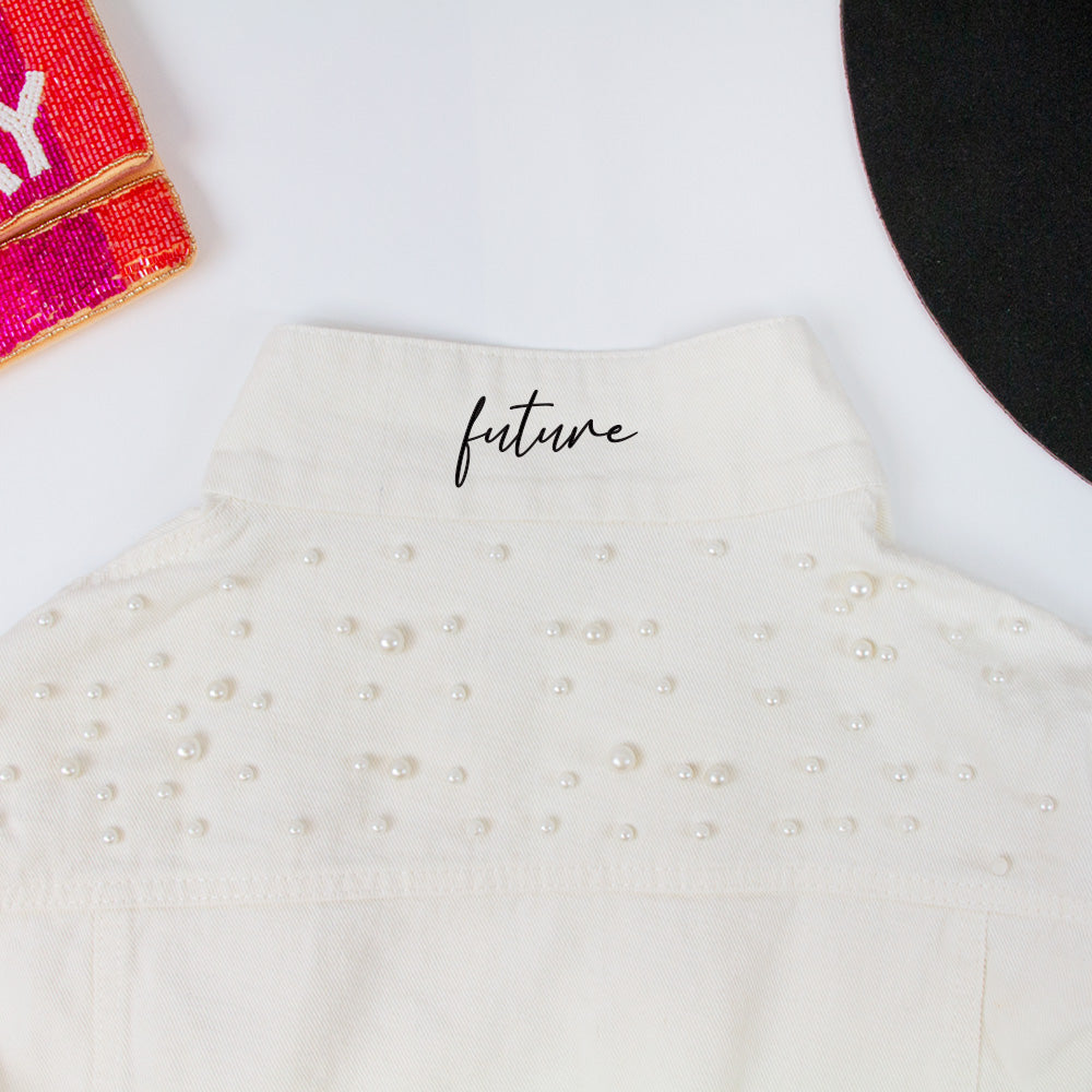 (White Pearl) Personalized Future Mrs Bridal Pearl Denim Jacket in White