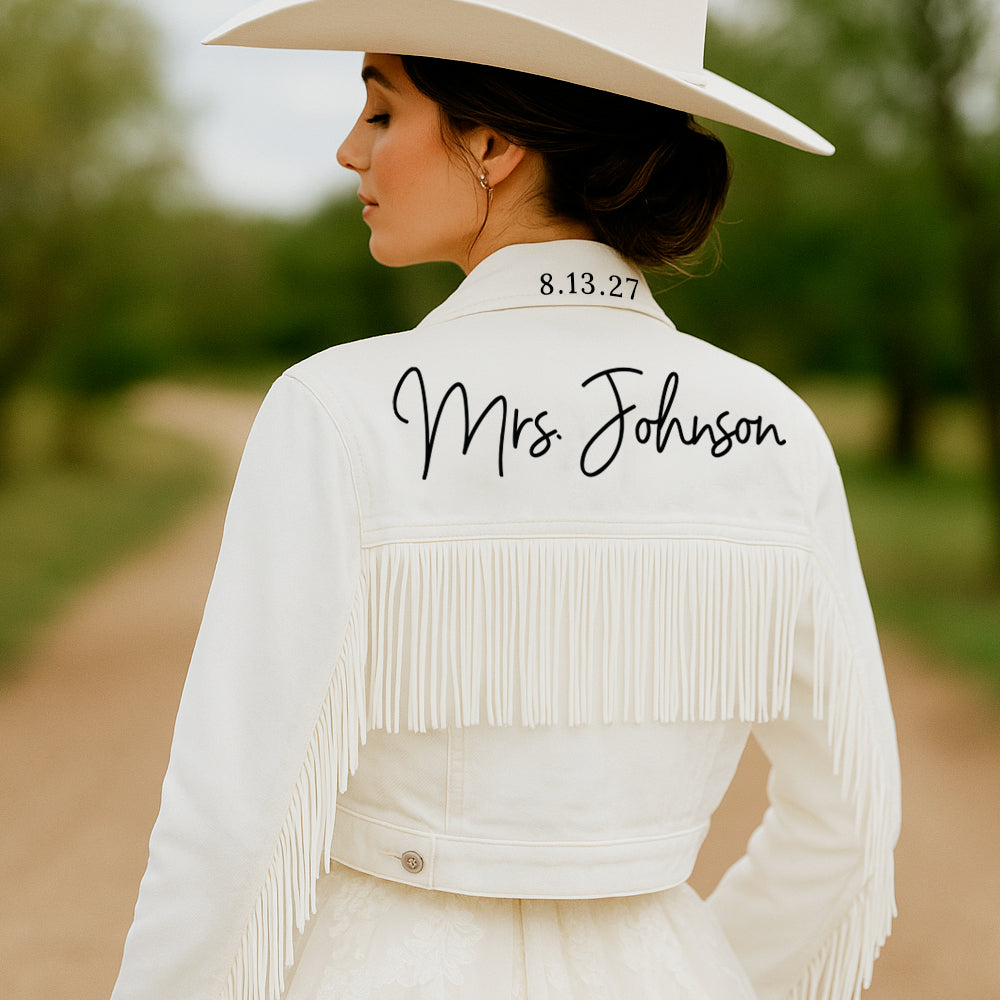 (White Fringe) Bride White Fringe Denim Jacket