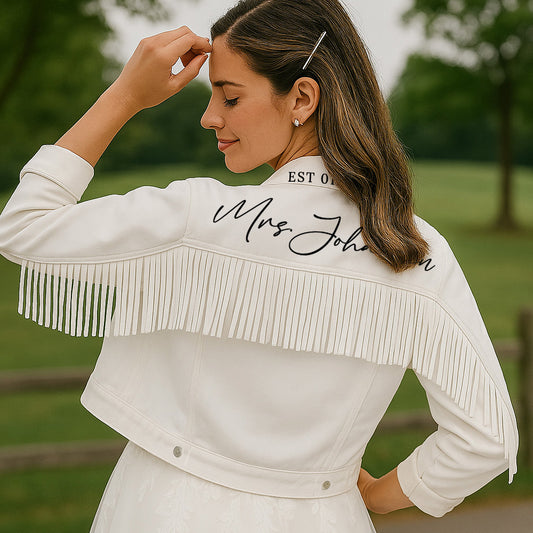 (White Fringe) Custom Mrs White Fringe Jean Jacket
