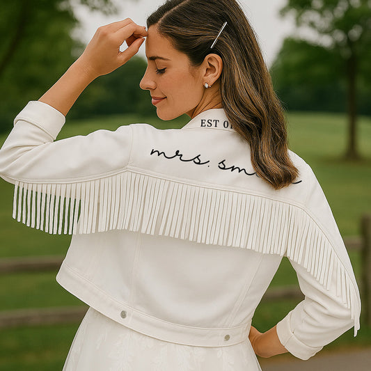 (White Fringe) Customized Mrs Bridal Fringe Jean Jacket in White