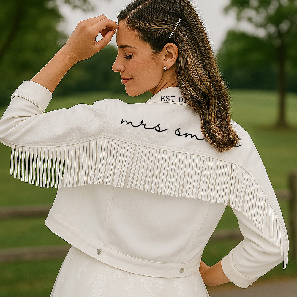 (White Fringe) Customized Mrs Bridal Fringe Jean Jacket in White