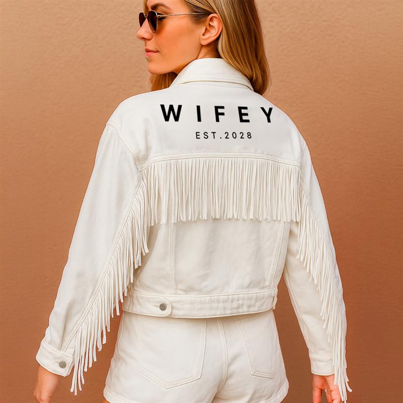 (White Fringe) Wifey White Fringe Jean Jacket