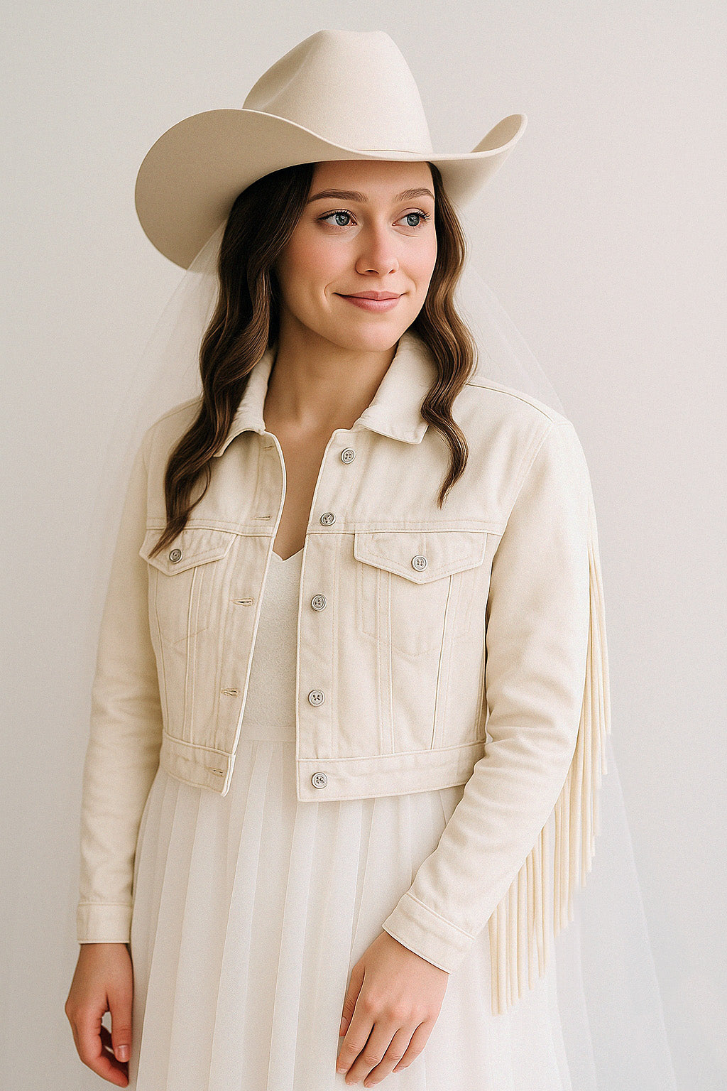 (White Fringe) Bride White Fringe Denim Jacket