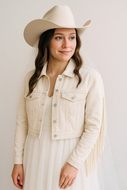 (White Fringe) Bride White Fringe Denim Jacket
