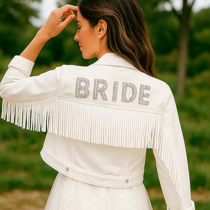 (White Fringe) Bride Rhinestone Patch Jean Jacket
