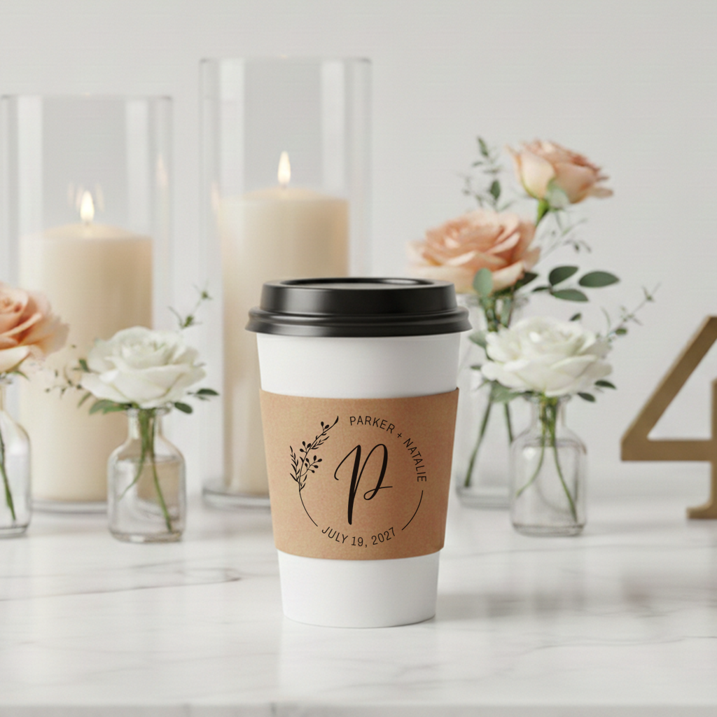 A white coffee cup with a black lid, featuring a floral design and text, is placed on a marble surface. In the background, there are several vases with flowers, and a number 4 is visible.