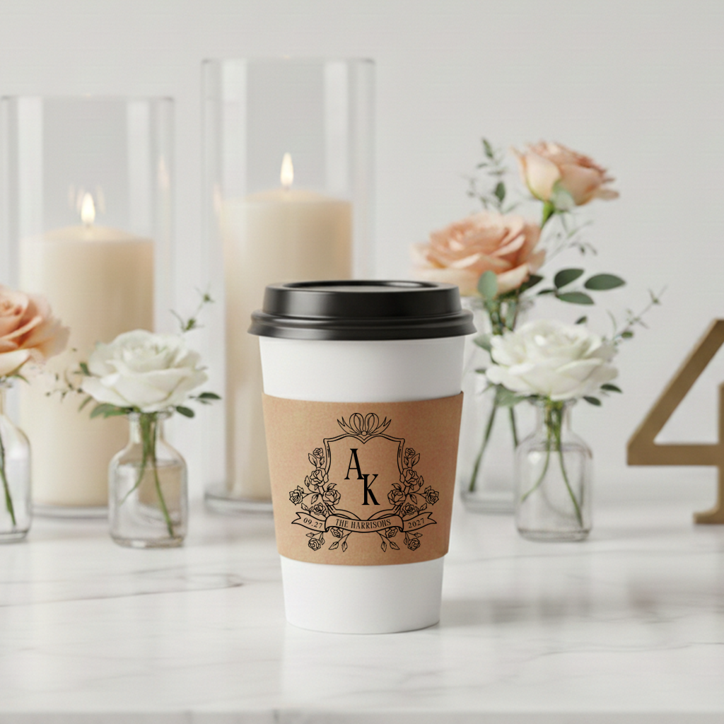 a white coffee cup with a black lid, surrounded by various decorative elements such as candles, vases with flowers, and a number 4.