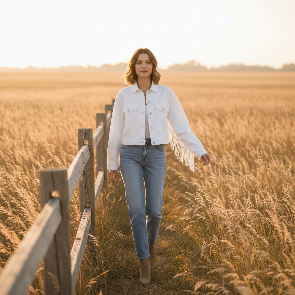 A woman in a white jacket and jeans walks along a wooden fence in a golden wheat field, with a hazy sky in the background.